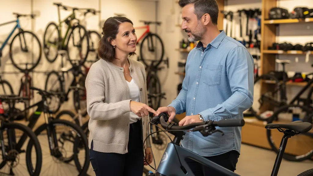 Conseiller vélo en discussion avec un client devant un vélo électrique en boutique