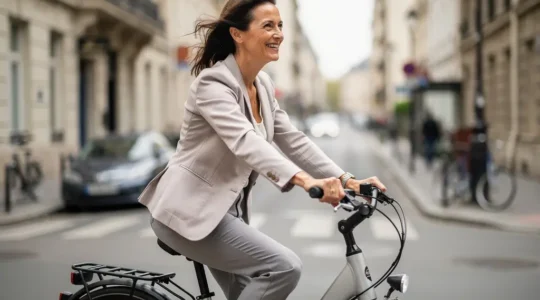 Cycliste urbaine sur vélo électrique dans une rue française